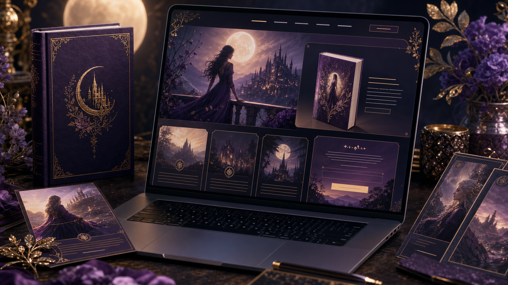 Interface de site de autora com capa, lista de espera e lore