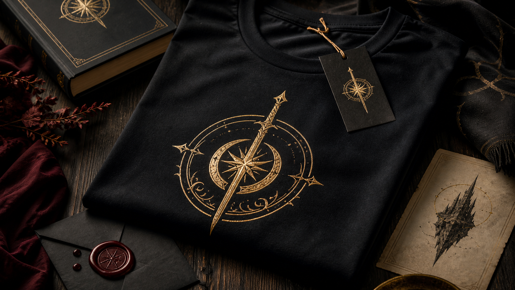 Camiseta preta com símbolo dourado